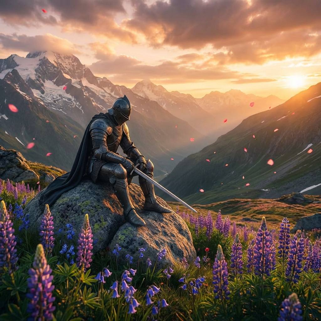Knight sitting upon a mountain at sunset