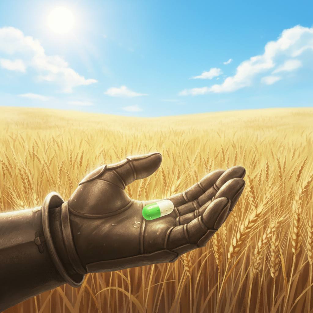 Armored gauntlet in a wheat field